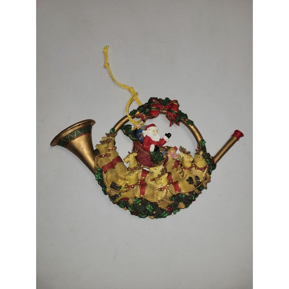 Vintage Christmas Trumpet With Santa Reindeer Hanging Holiday Decor